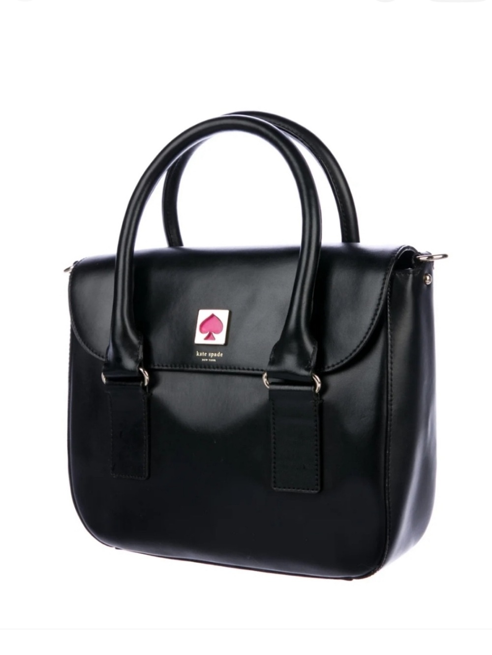 kate spade Black Bind st Leather flo Satchel with Pink Spade Plaque like new
